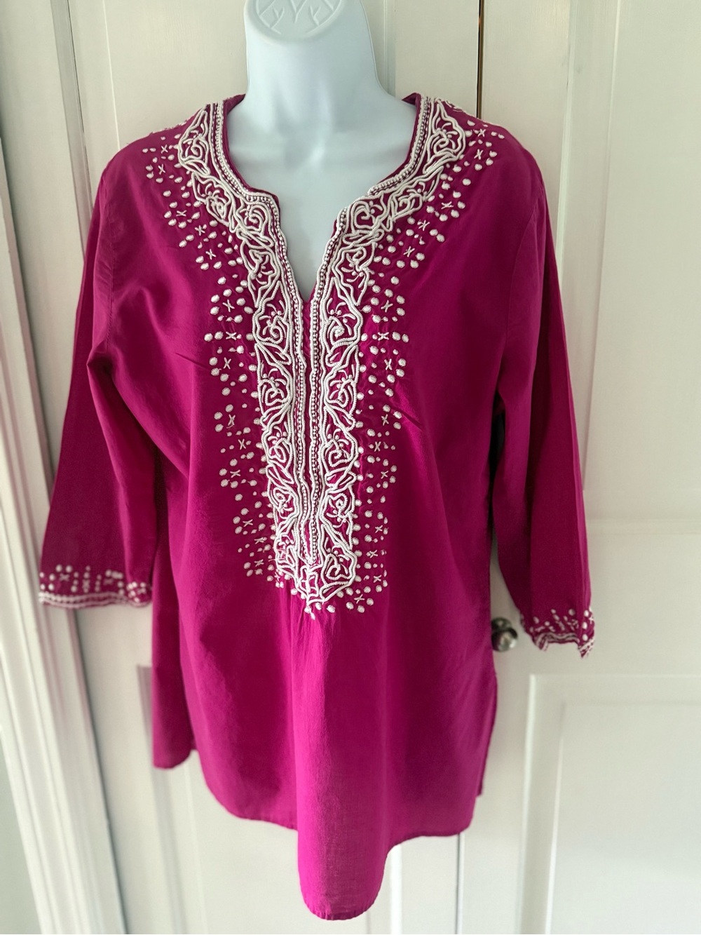 Chico's Magenta Tunic with White Embroidered V-Neck